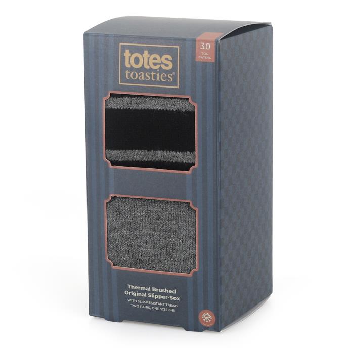 totes toasties® Mens Thermal Brushed Original Slipper Socks (Twin Pack) Grey / Black Stripe Extra Image 1